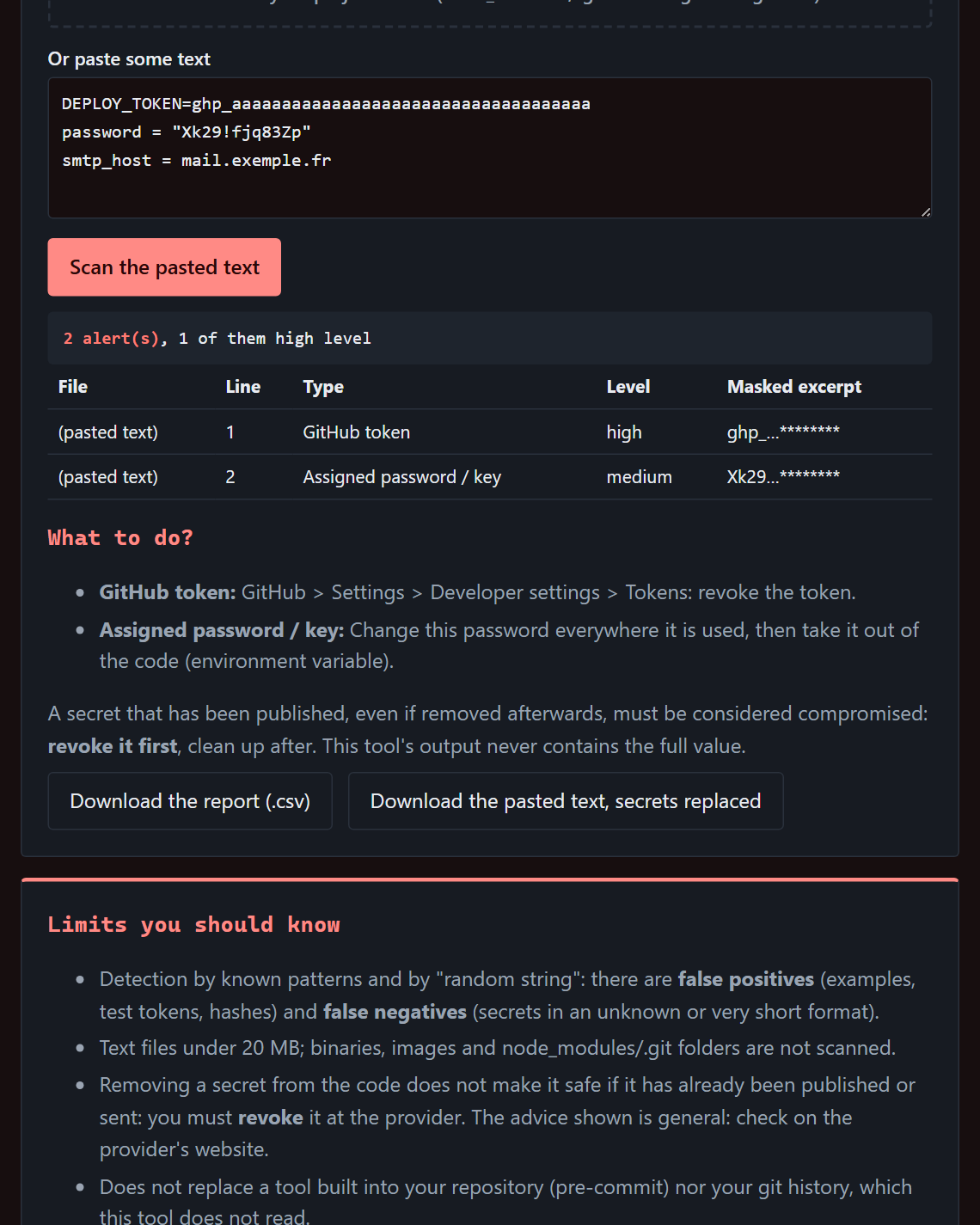 Screenshot of SecretScan: two secrets found in a text, values masked